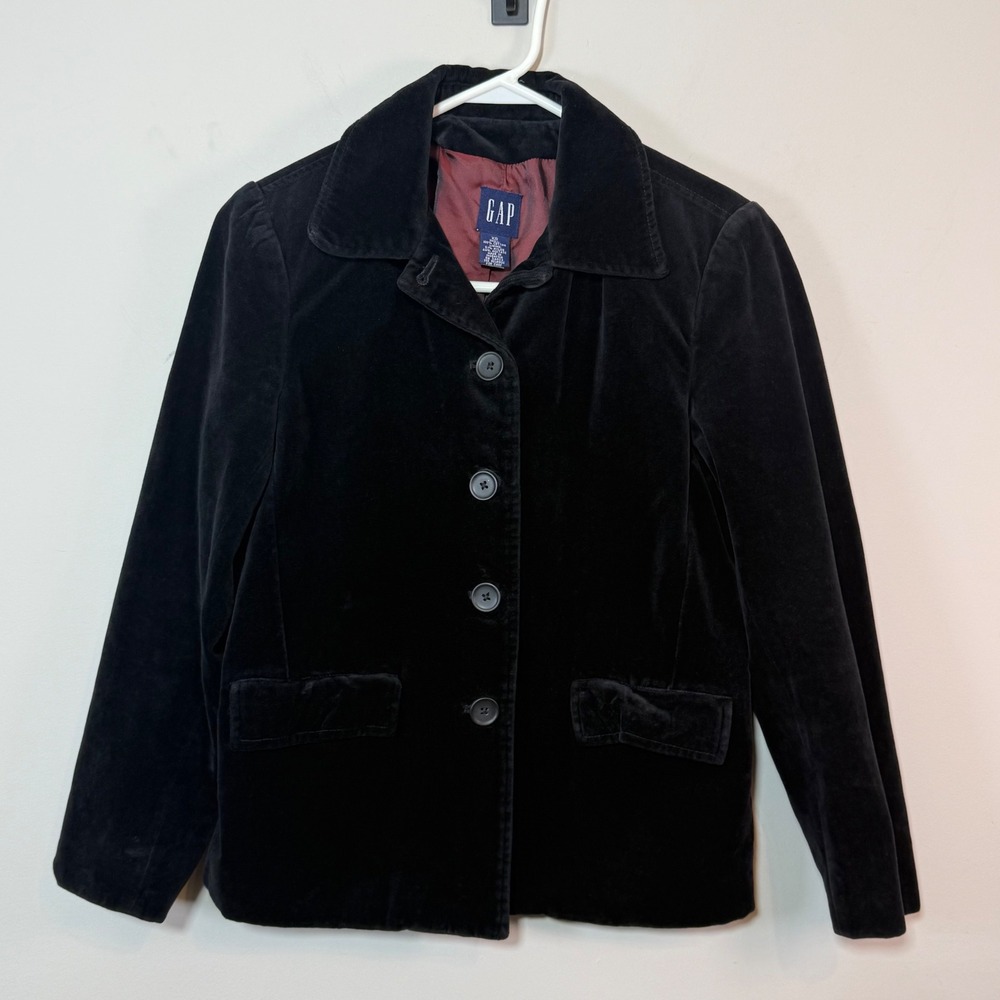 GAP Velvet Blazer Women XS Black Cotton Button Up Jacket Gothic Victorian Office